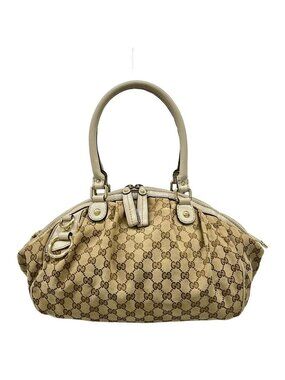 Gucci Handbag GG Pattern Beige Dark Brown Ivory Leather